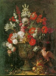 Elaborate Still Life Of Flowers In An Urn Resting On A Ledge With Fruit And A Cockatoo