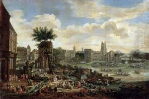 Ausblick Auf Eine Stadt Mit Reicher Personenstaffage Im Vorgergrund