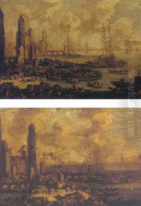 Crowded Harbour Scene With Many Figures And Ruins