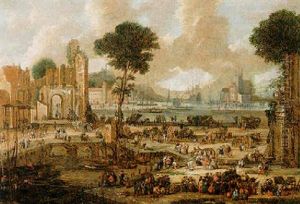 An Extensive Harbour Scene With Figures Gathering On The Shore