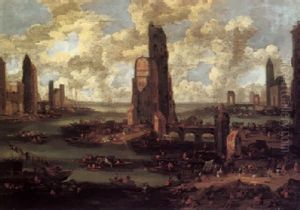 A Crowded Harbour Scene With Ruins And Many Figures A Crowded Harbour Scene With Ruins And Many Figures