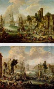 Harbor With Numerous Figures by Pieter Casteels the Younger