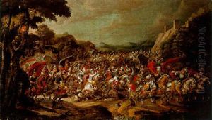A Cavalry Battle Between Turks And Christians, A Fortified Town Beyond by Pauwels Casteels