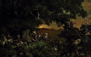 Wald Bei Sonnenuntergang Mit Briganten by Anton Castell
