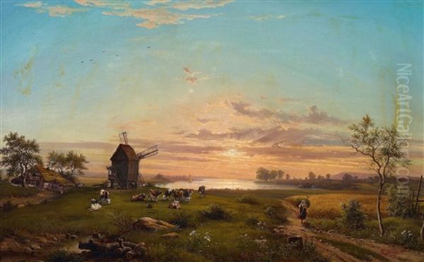 Abendliche Flusslandschaft Mit Muhle - view 1