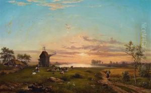 Abendliche Flusslandschaft Mit Muhle