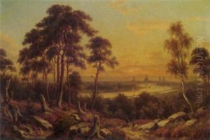 A Figure And Dog Above A Continental River At Dusk, With A Town Beyond