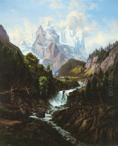 An Alpine Landscape With Rapids In The Foreground And A Cabin In A Valley Beyond - view 1