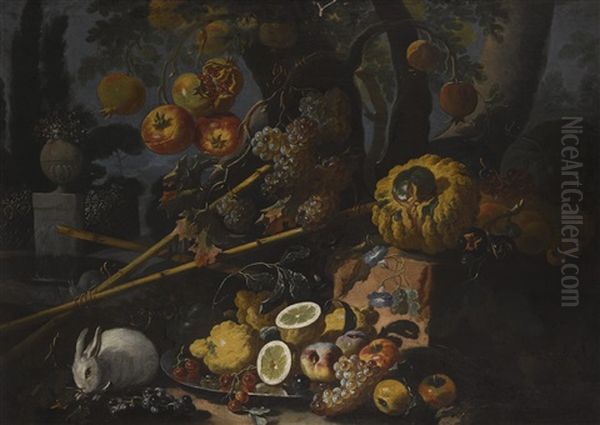 Fruit On A Pewter Plate, With A Rabbit On A Forest Floor - view 1