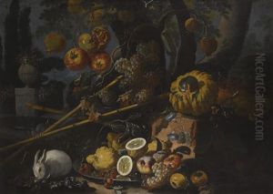 Fruit On A Pewter Plate, With A Rabbit On A Forest Floor by Giovanni Paolo Castelli (lo Spadino)