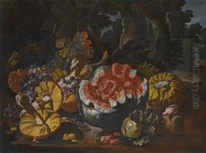 Mushrooms, Melons, Grapes And Other Fruit On A Forest Floor by Giovanni Paolo Castelli (lo Spadino)