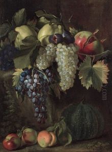 Coings, Grenade Et Grappes De Raisins Poses Sur Une Pierre by Giovanni Paolo Castelli (lo Spadino)