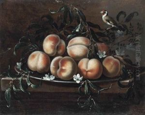 Peaches And Jasmine On A Pewter Platter, With A Goldfinch, On A Stone Ledge by Giovanni Paolo Castelli (lo Spadino)