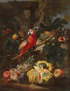 Still Life With Grapes, Peaches, Pumpkin, Figs And A Parrot by Giovanni Paolo Castelli (lo Spadino)