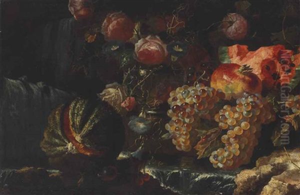 Melons, Grapes, Roses, Morning Glory, And A Pomegranate In A River Landscape - view 1