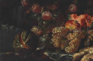 Melons, Grapes, Roses, Morning Glory, And A Pomegranate In A River Landscape by Giovanni Paolo Castelli (lo Spadino)
