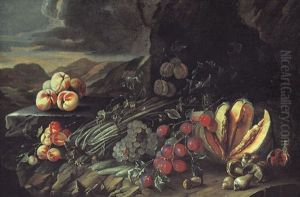 Natura Morta Con Frutta E Verdura Entro Paesaggio by Giovanni Paolo Castelli (lo Spadino)
