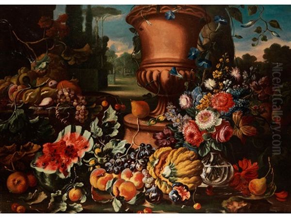 Grosses Fruchtstilleben Mit Blumen Und Vase In Einem Park - view 1