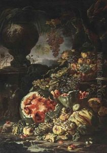 Watermelons, Apples, Grapes And Other Fruit, A Glass Bowl Filled With Apples And A Pomegranate, A Stone Garden Vase, All Set In A Landscape By A Stream by Giovanni Paolo Castelli (lo Spadino)
