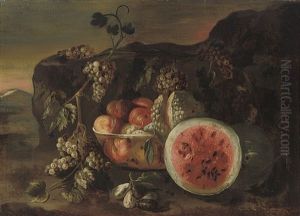 A Watermelon, Peaches And Figs In A Bowl, Grapes And Vine Leaves, In A Landscape