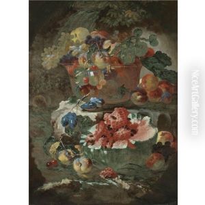 Still Life Of Fruit Including An Open Watermelon, Peaches And Plums, Beneath And Glass Bowl Filled With More Fruit On The Step Above