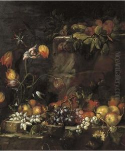 A Glass Vase With Tulips, And Apples, Grapes, Pears And Other Fruit On A Stone Ledge