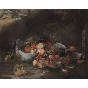 Still Life With A Broken Bowl Together With Apples, Grapes, Peaches, Pears And Various Other Fruit, In A Landscape