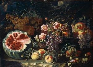 Still Life Of Watermelon, Plums, Peaches And Grapes, Together With A Basket Of Grapes And Pomegranates, All In A Landscape