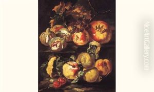 Nature Morte Aux Pommes, Grenade, Figues Et Raisins Sur Un Entablement by Giovanni Paolo Castelli (lo Spadino)
