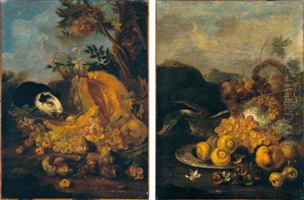 Nature Morte Con Frutta, Fiori Ed Animali In Un Paesaggio (pair) - view 1