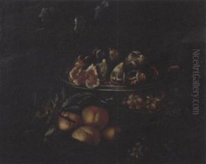 Fichi In Un Piatto D'argento, Pesche In Un Cesto Di Vimini E Uve Nere Su Un Piano Di Pietra En Plein Air by Giovanni Paolo Castelli (lo Spadino)