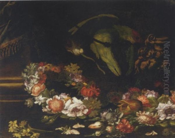 Narcissi, Peonies And Roses In A Wreath With Other Flowers Strewn On The Floor And A Parrot On A Rope - view 1