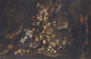 A Marble Bust Surrounded By Roses, Carnations, Morning Glory And Other Flowers, A Sliced Watermelon, Mushrooms, Grapes And Other Fruit With Urns And A Parrot
