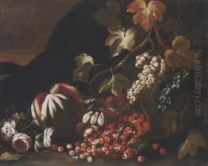 Natura Morta Di Meloni, Ciliegie, Uva E Fiori Su Paesaggio Natura Morta Di Meloni, Ciliegie, Uva E Fiori Su Paesaggio