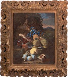 Figs, Grapes, Peaches, And Pears On A Pewter Plate, With A Glass Of Wine And A Biscuit, A Bottle Of Wine Behind