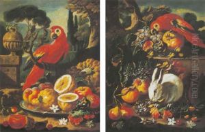 A Lemon, Peaches And A Fig On A Salva With A Scarlet Maccaw On A Branch, A Parkland Landscape Beyond A Lemon, Peaches And A Fig On A Salva With A Scarlet Maccaw On A Branch, A Parkland Landscape Beyond