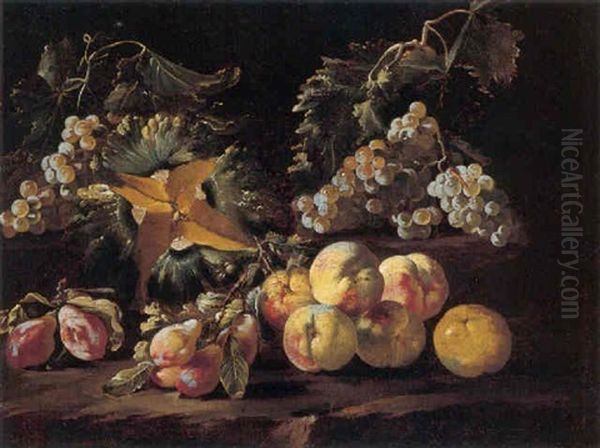 A Still Life Of Peaches, Grapes, Plums, And A Melon In A Landscape - view 1