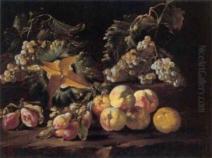 A Still Life Of Peaches, Grapes, Plums, And A Melon In A Landscape by Giovanni Paolo Castelli (lo Spadino)