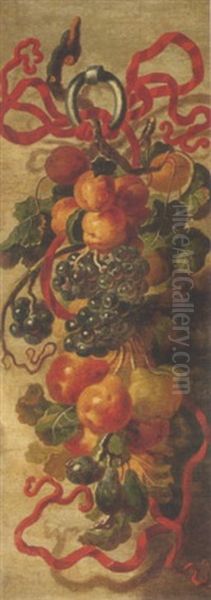 Still Life Of A Garland Of Fruit Suspended By A Red Ribbon - view 1