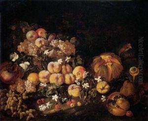 Still Life Of Grapes, Apples And Plums In A Glass Bowl, Together With Melons, Pomegranates And Cherries In A Landscape by Giovanni Paolo Castelli (lo Spadino)
