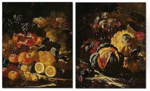 A Still Life Of Melons, Cherries And Figs In A Glass Bowl, Together With A Snail By A Stream