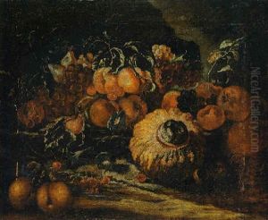 A Melon, Peaches, Grapes, Cherries, Pears, Lemons And Morning Glory On A Stone Ledge by Giovanni Paolo Castelli (lo Spadino)