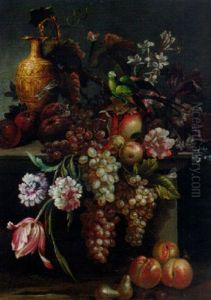 Still Life Of A Pomegranate, Grapes And A Ewer On A Ledge With A Parakeet And Butterflies by Giovanni Paolo Castelli (lo Spadino)