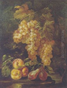 Bunches Of Grapes Hanging From A Vine With Peaches And Plums On A Rock Bunches Of Grapes Hanging From A Vine With Peaches And Plums On A Rock