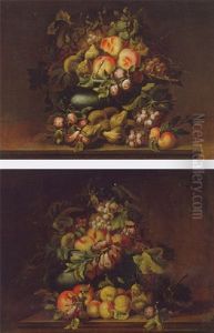 Peaches, Plums, Grapes, Pears And Limes In An Urn With Other Fruit On A Ledge