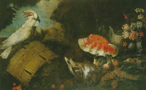 Nature Morte A La Pasteque Et Au Perroquet Blanc