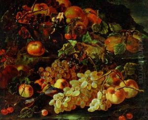 Grapes, Apples And Pomegranates In A Glass Bowl With Other Fruit On A Rocky Bank by Giovanni Paolo Castelli (lo Spadino)