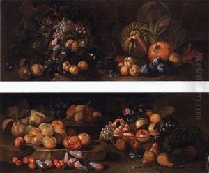 Figs, Grapes, And Apples In Glass Bowls, With Pears, Melons, Quinces, Plums And Other Fruit In A Forest Landscape by Giovanni Paolo Castelli (lo Spadino)