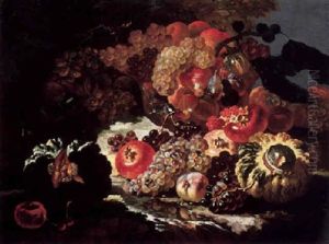 Still Life Of Grapes, Cherries, Plums, Figs, Pomegranates, Melons, And Other Fruits, Some In A Glass Bowl, Set In A Landscape By A Stream