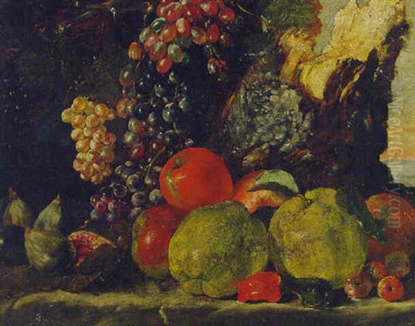 Figs, Apples, Grapes And Other Fruit By A Tree Stump - view 1